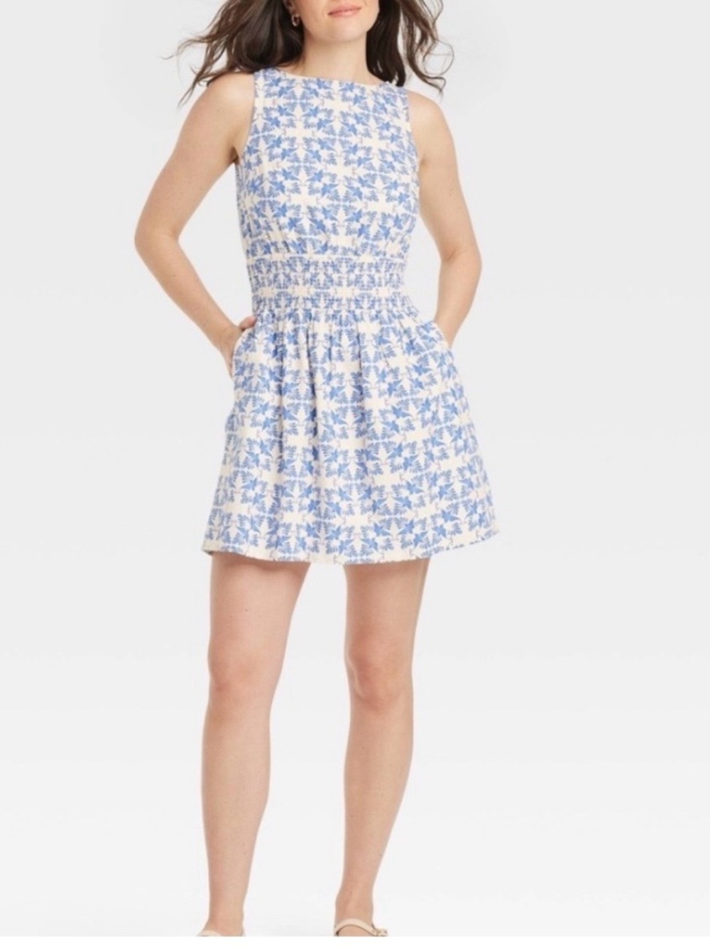 Universal Thread Blue and White Floral Smocked Waist Mini Dress